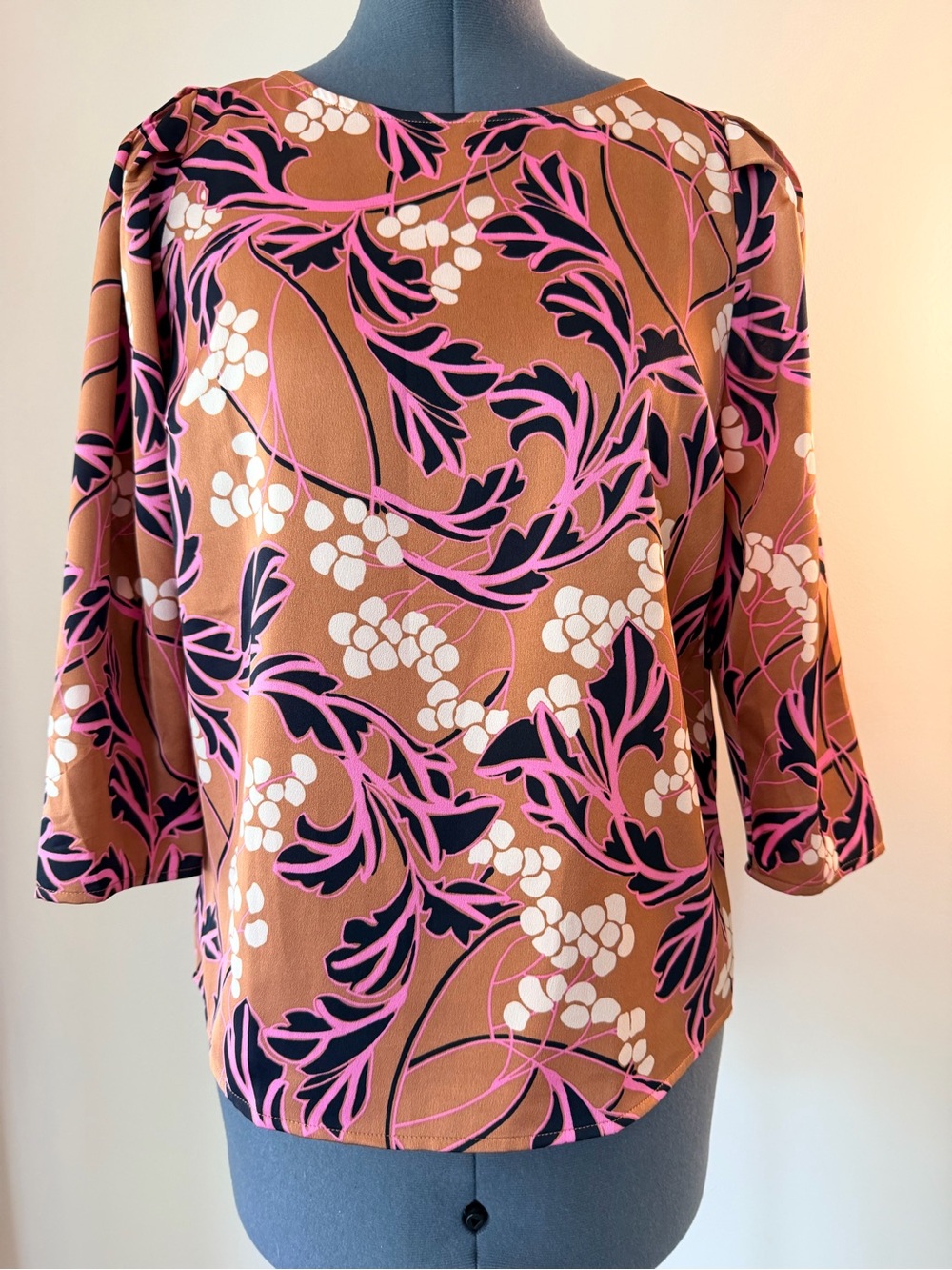 Ann Taylor Floral Boatneck Blouse in Camel, Pink and Black